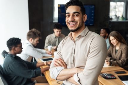 Businessman and team collaborate